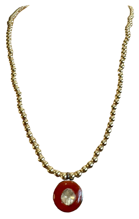 Gold Filled Beaded Necklace With Enamel and Diamond Drop
