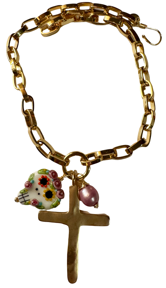 Chunky Gold Necklace With Sugar Skull, Cross and Pearl