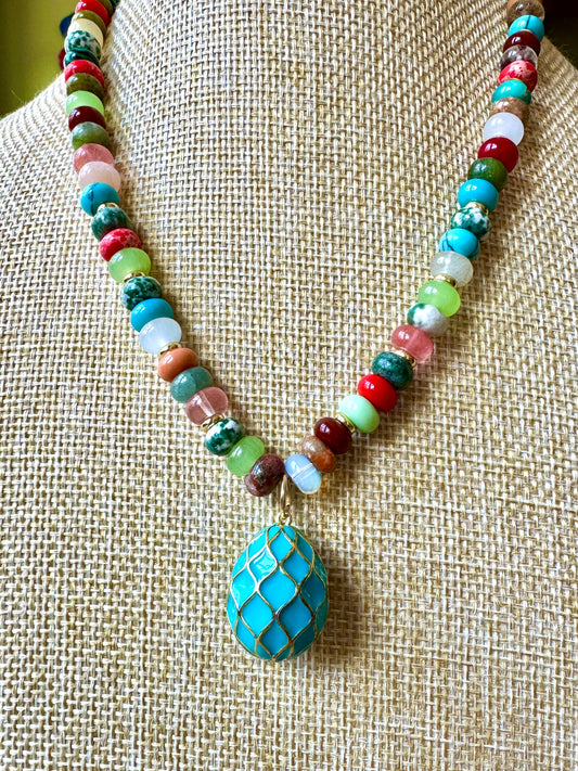 Multicolor Jasper Necklace With Enamel Pendant