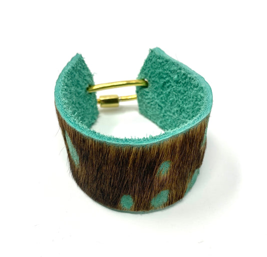 Green Turquoise and Brown Cuff Bracelet With Gold Carabiner Clasp