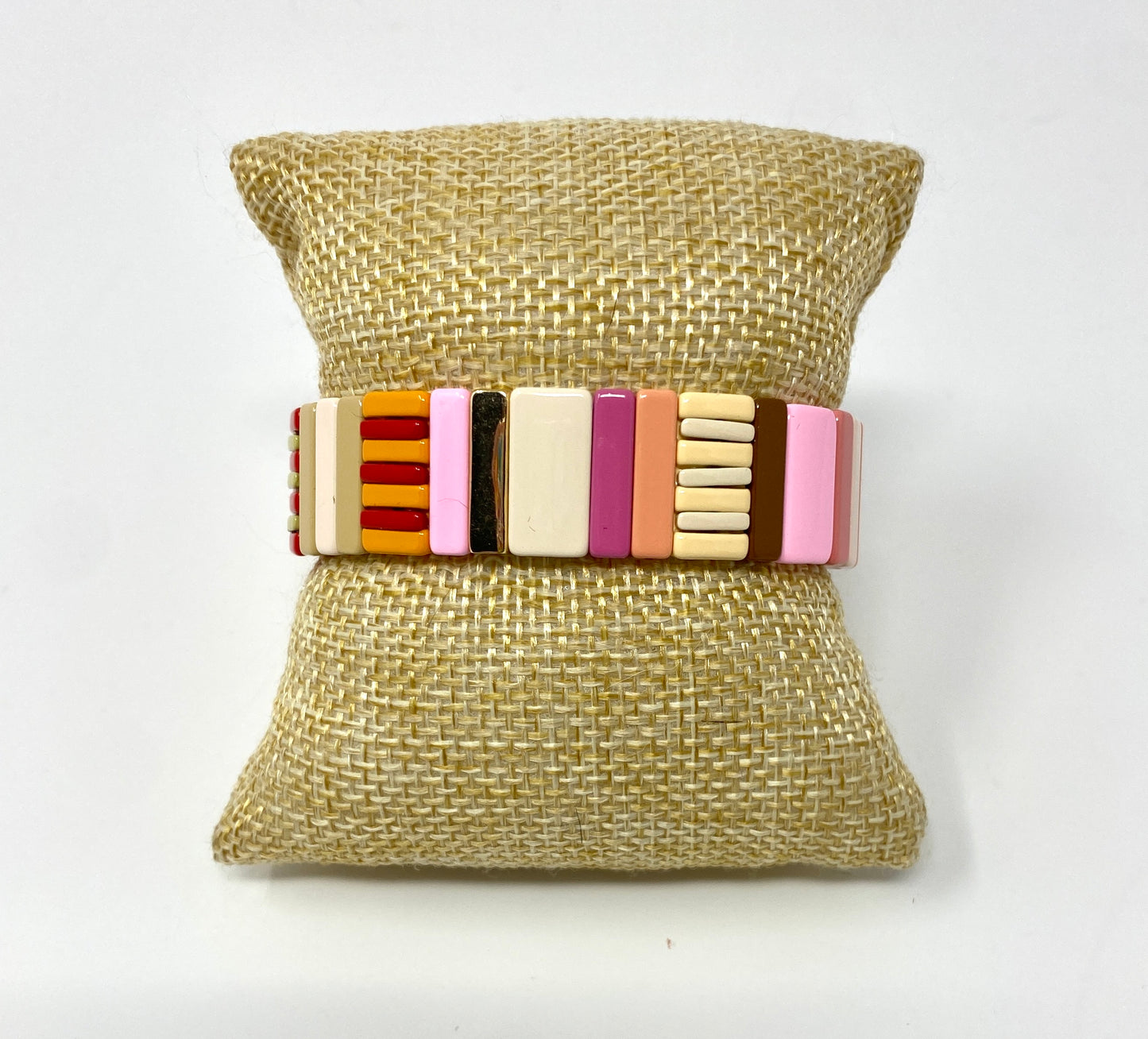 Shades of Tan, Pink and Peach Striped Tila Tile Elastic Bracelet