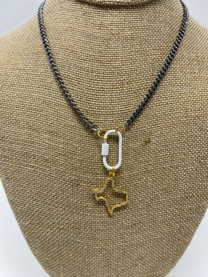 Yellow Gold Diamond Texas Shaped Pendant on Oxidized and Gold Chain With White Carabiner