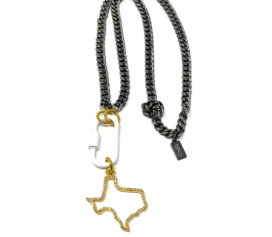 Yellow Gold Diamond Texas Shaped Pendant on Oxidized and Gold Chain With White Carabiner