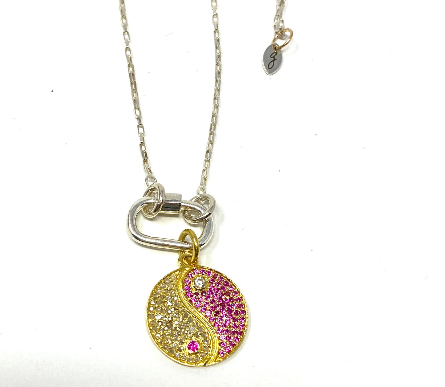 Fine Sterling Silver Necklace and Carabiner With Yellow Gold and Diamond/Ruby Ying & Yang Pendanat