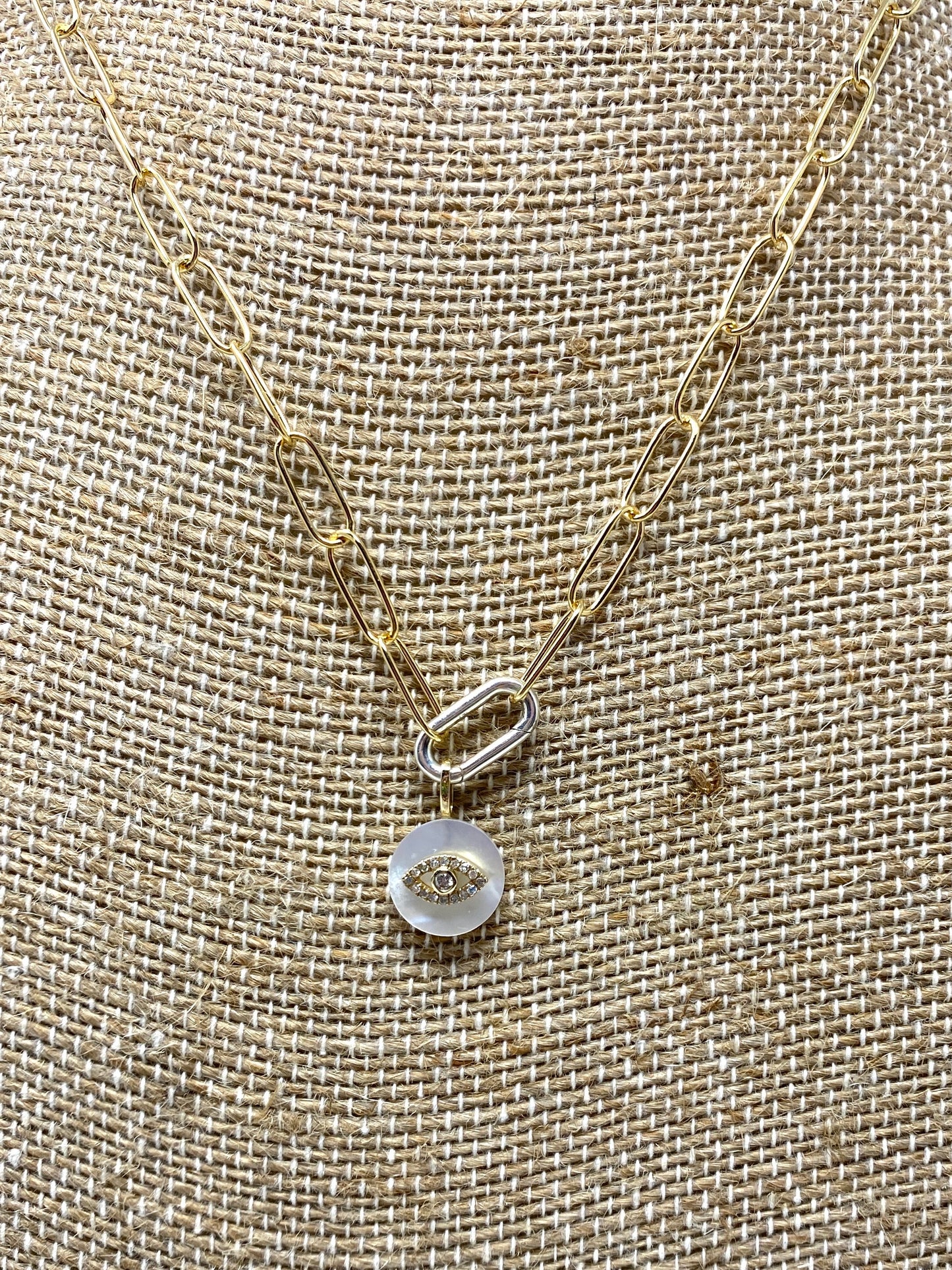 Gold Filled Medium Paper Clip Necklace With Mother of Pearl and Diamond Evil Eye Small Pendant