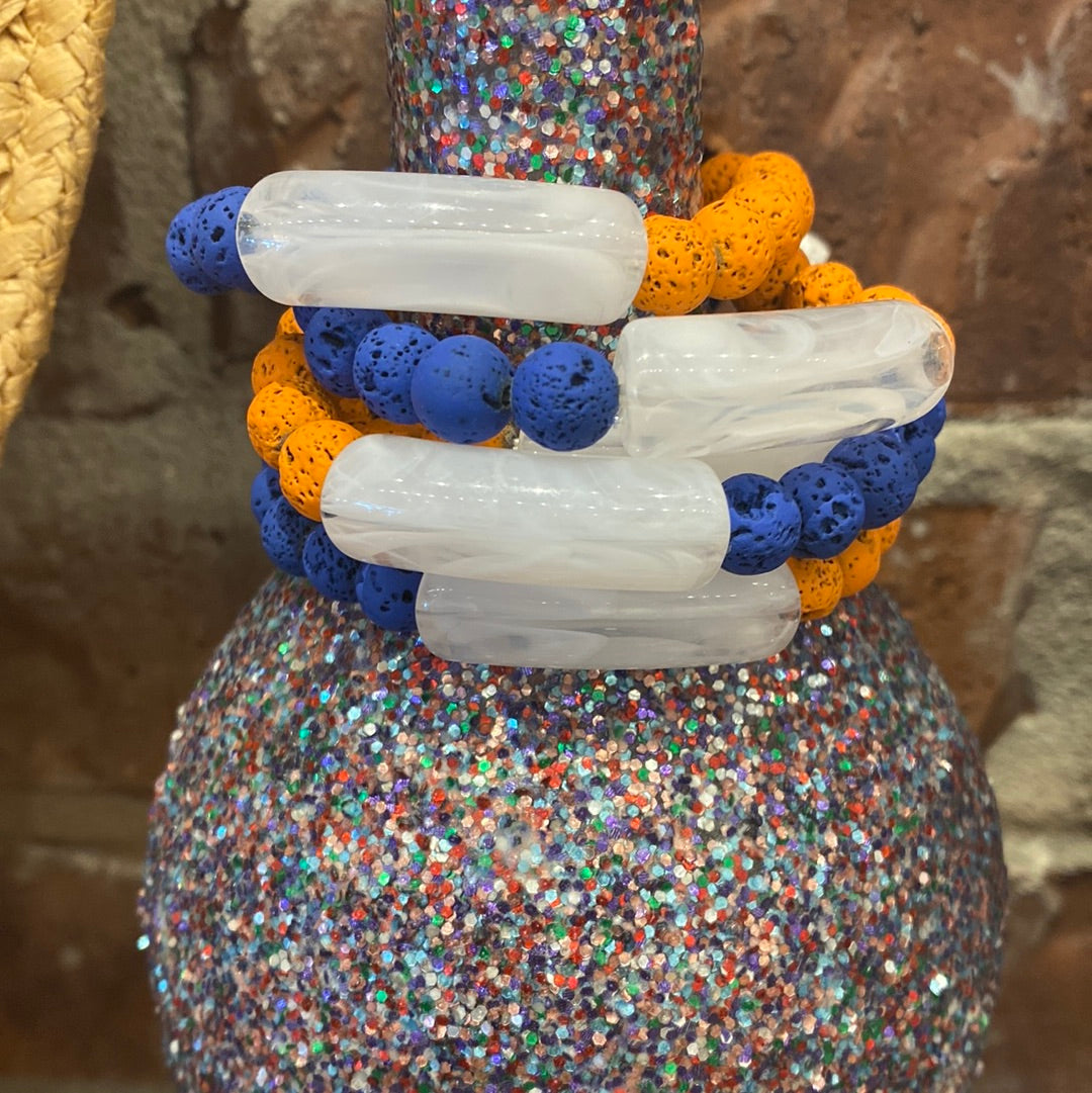 Orange and Blue Lava Stone Elastic Bracelet With Acrylic Tube