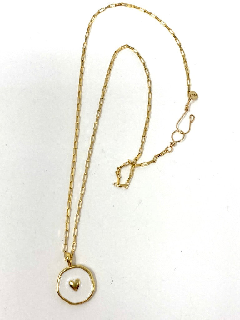White Enamel Heart Pendant on Gold Filled Chain
