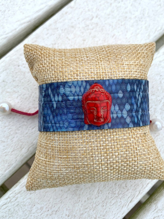 Adjustable Blue Leather Cuff Bracelet with Red Howlite Buddha