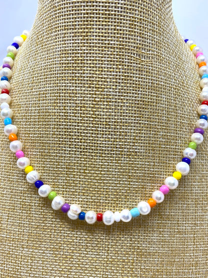 Freshwater Pearl Necklace With Rainbow Seed Beads