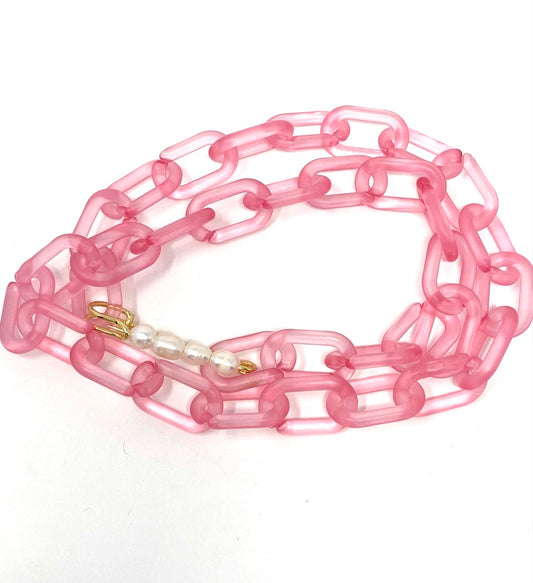 Light Pink Acrylic Link Necklace With Pearl Safety Pin Clasp