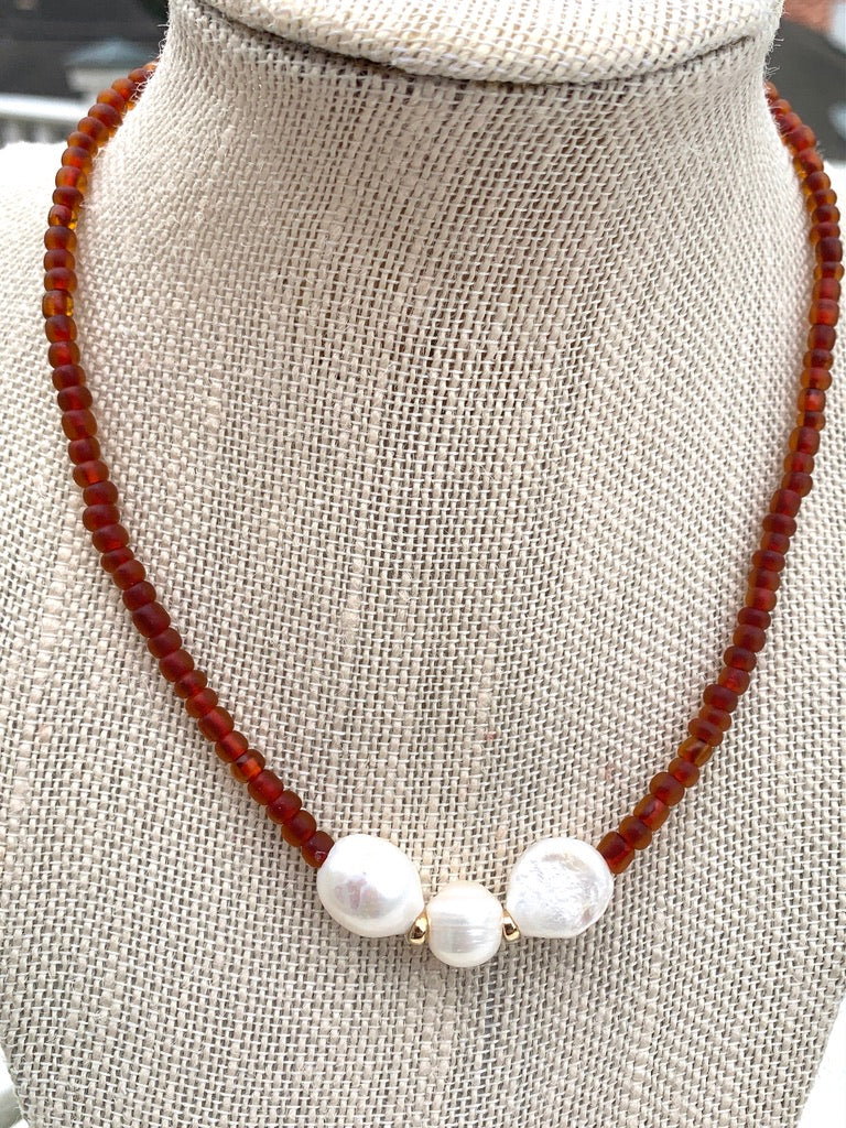 Burnt Orange Seed Beaded Necklace with Fresh Water Pearls and Gold Filled Spacers