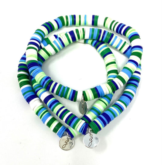 Blue, Green, and White Rubber Disc Elastic Bracelets