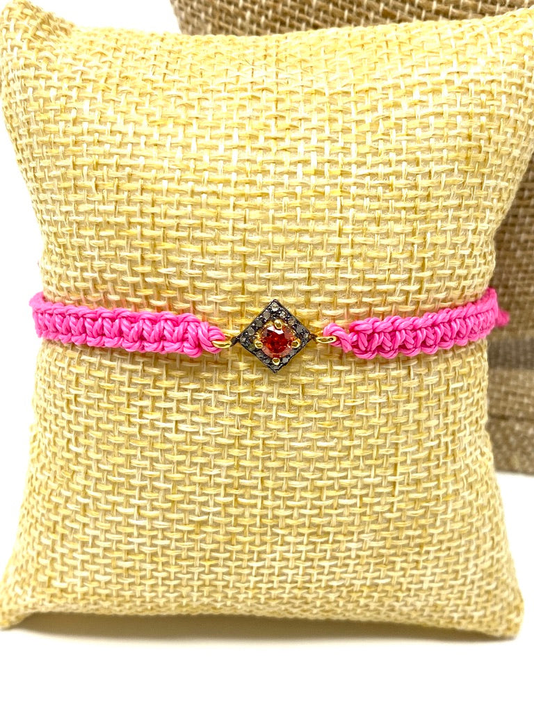 Bright Pink Macrame Adjustable Bracelet With Diamond and Citrine Connector
