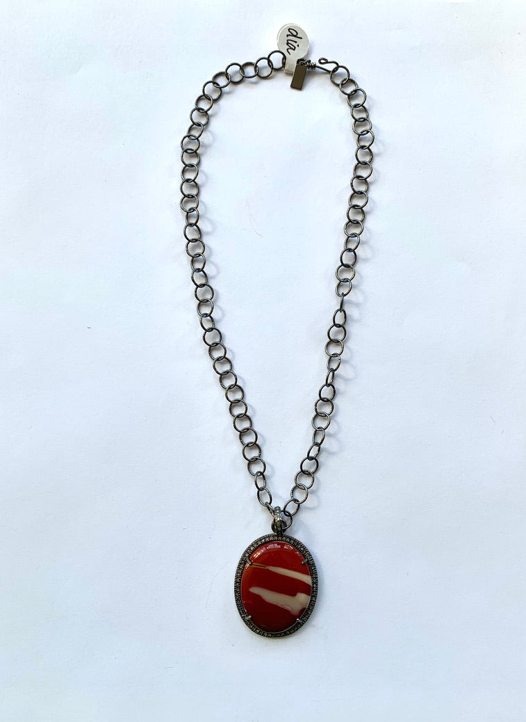 Oxidized Silver Chain with Carnelian Pendant Surrounded by Pave Diamonds
