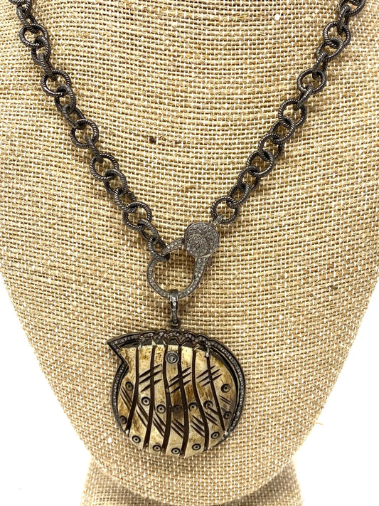 Wood Carved Bird Necklace With Diamonds