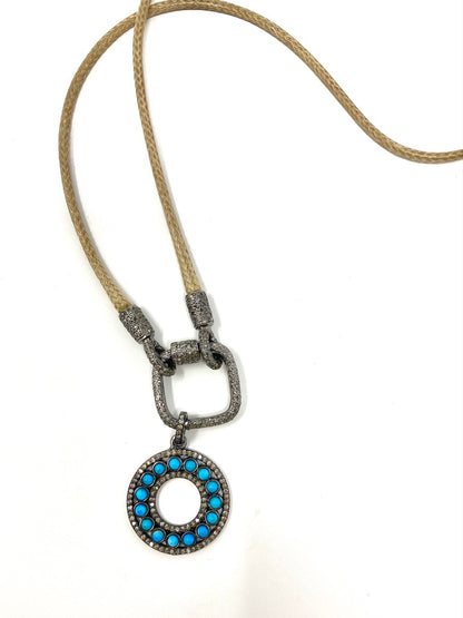 Tan Leather Cord Necklace With Diamond Carabiner With Turquoise and Diamond Pendant