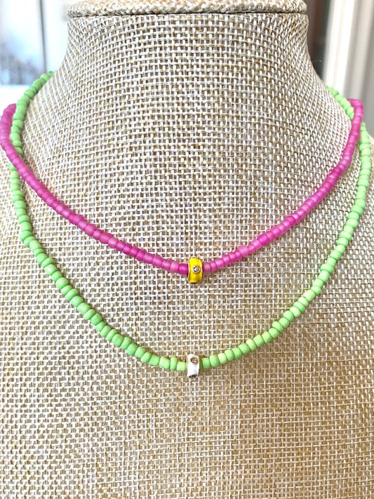 Seed Bead Necklace with Enamel and Pave Diamond Spacer