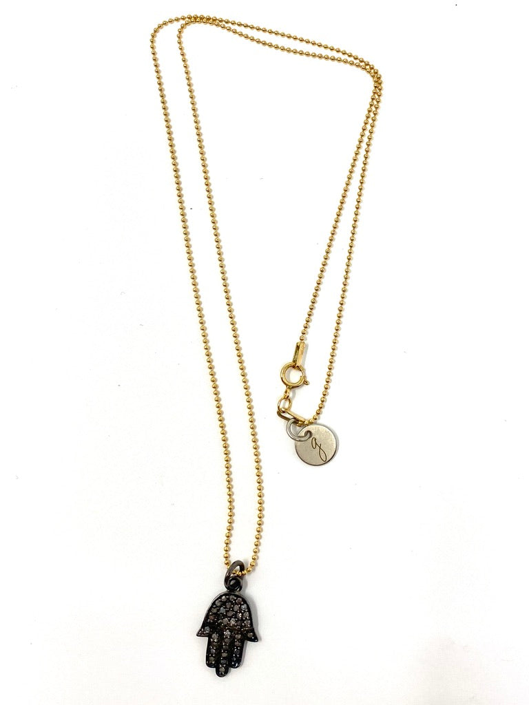 Gold Filled Ball Chain Necklace With Diamond Hamsa Pendant