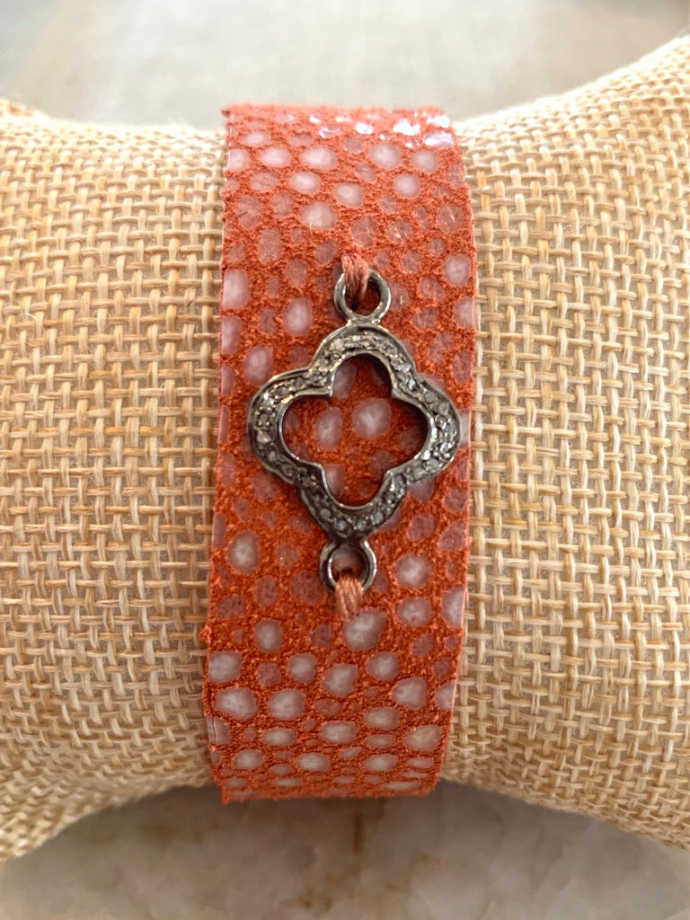 Orange Patterned Leather Cuff Bracelet with Pave Diamond Clover Accent