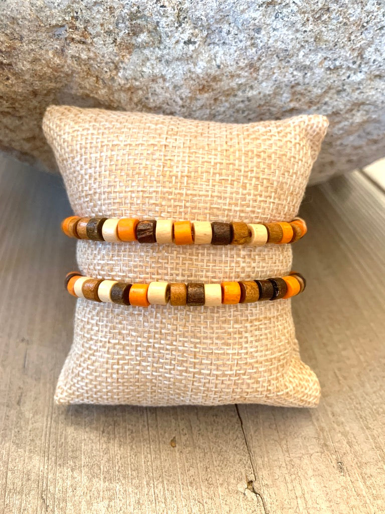 Brown, Orange and Tan Wooden Elastic Beaded Bracelet