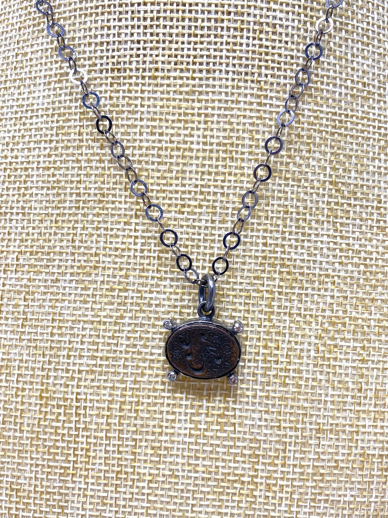 Oxidized Chain Necklace with Carved Metallic and Diamond Pendant