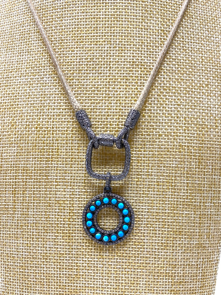 Tan Leather Cord Necklace With Diamond Carabiner With Turquoise and Diamond Pendant