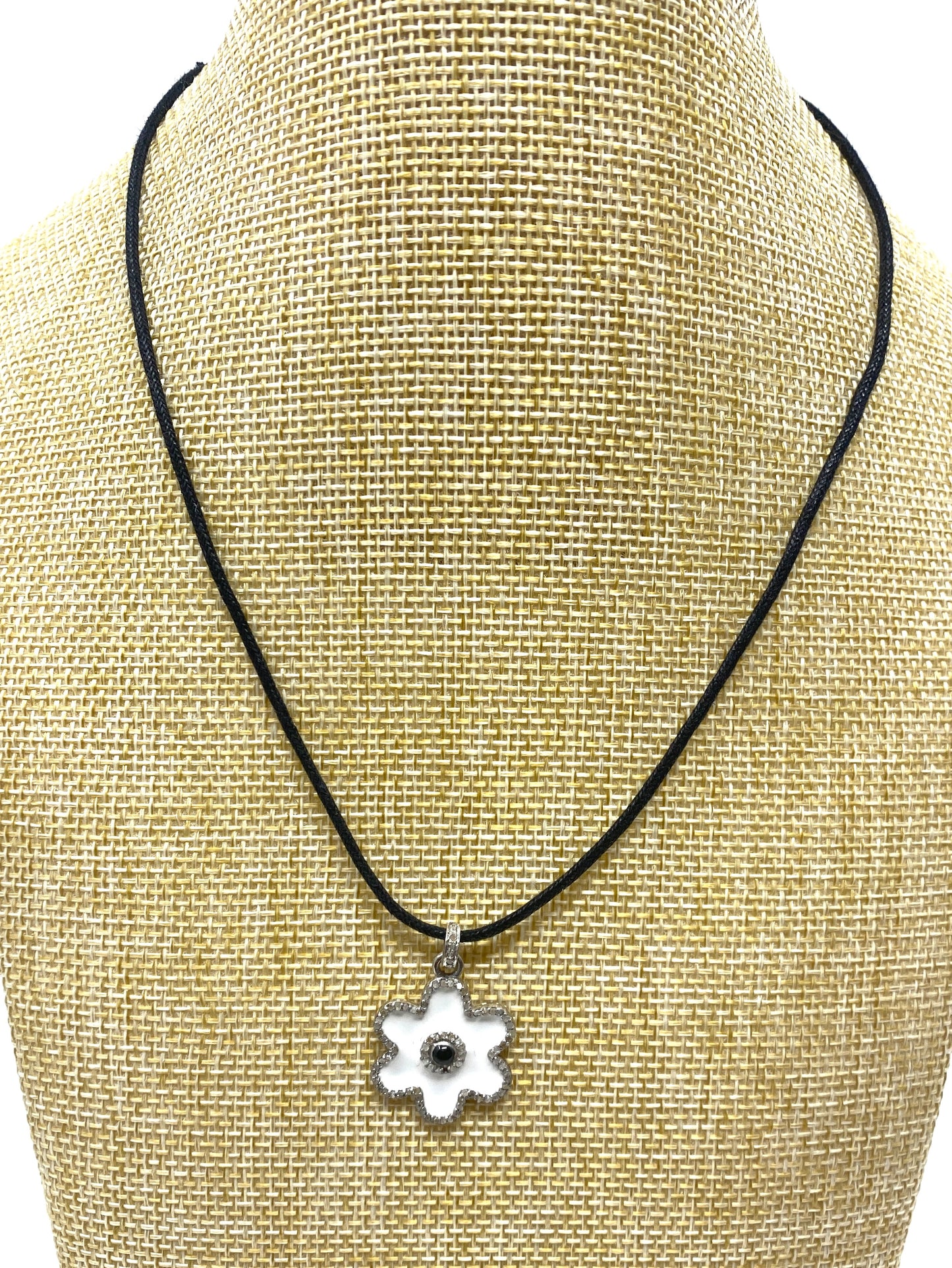 White Enamel and Diamond Flower Pendant on Black Cord Necklace