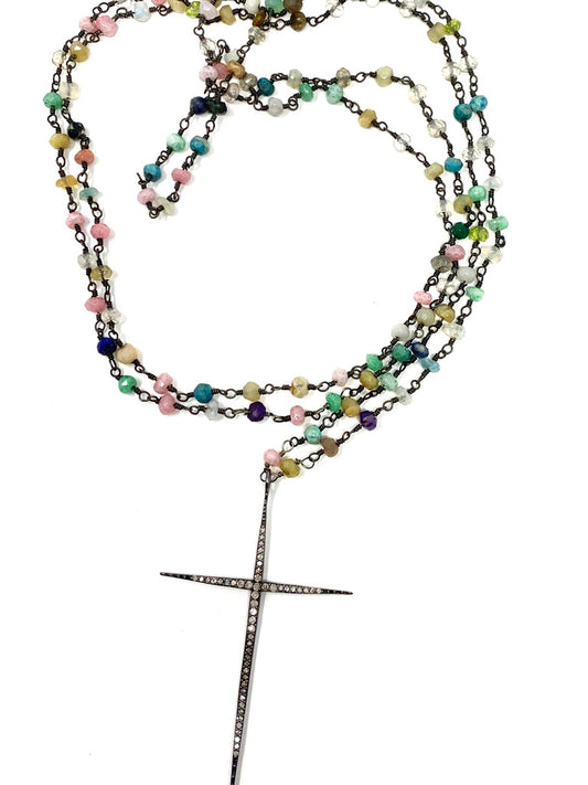 Multi Colored Gemstone on Rosary Style Chain With Pave Diamond Cross Pendant