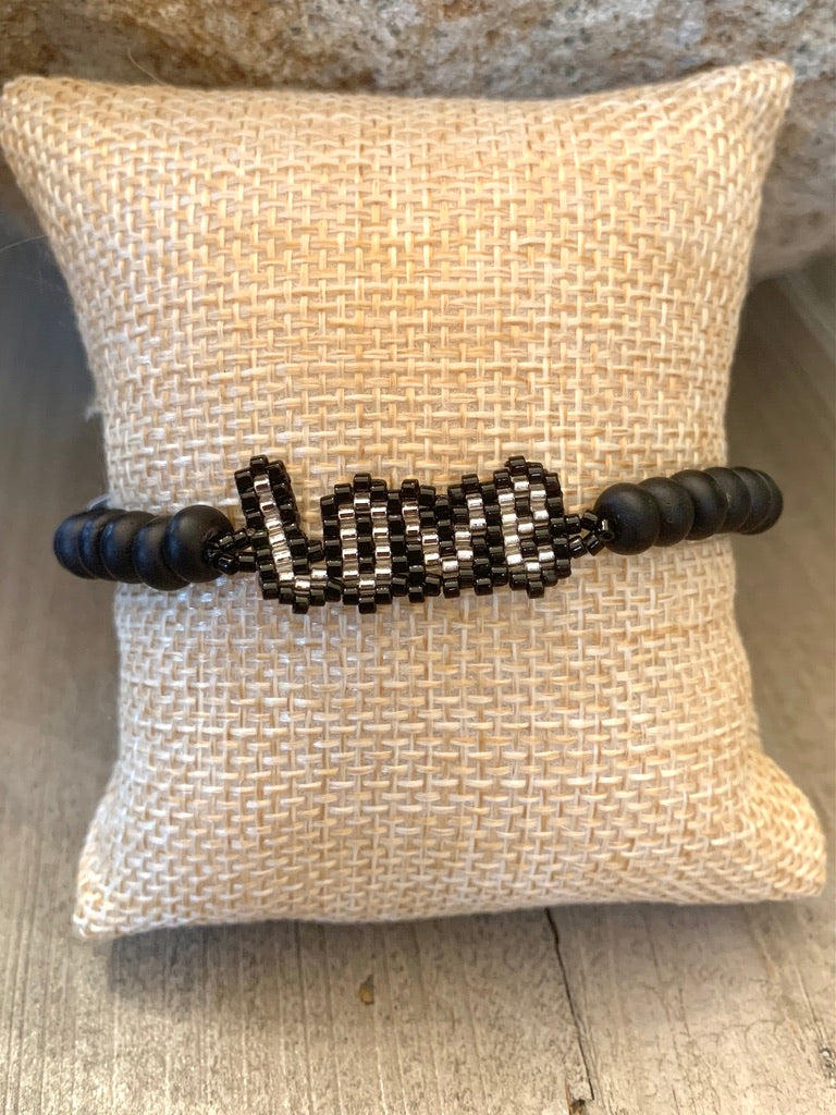Black Beaded Bracelet with Seed Bead Love Connector
