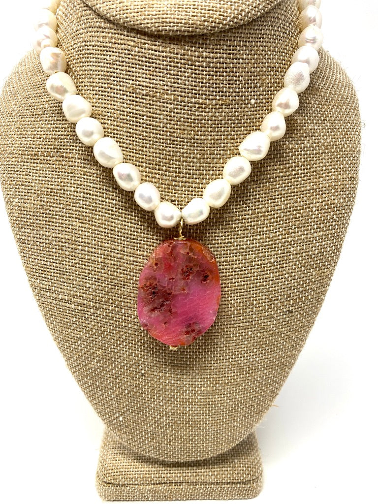 Freshwater Pearl Necklace With Deep Rose Quartz Slice Pendant