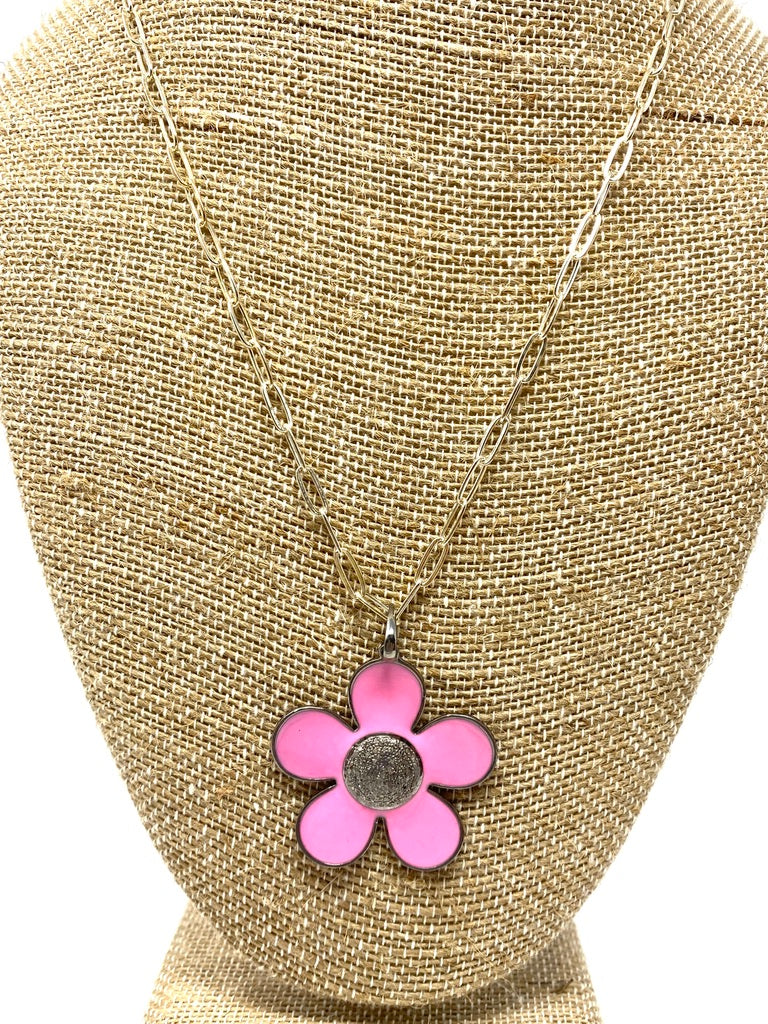 Sterling Silver Chain Necklace With Pink Enamel and Diamond Flower Pendant