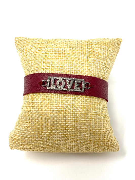 Maroon Leather Cuff Bracelet With Diamond "Love" Connector