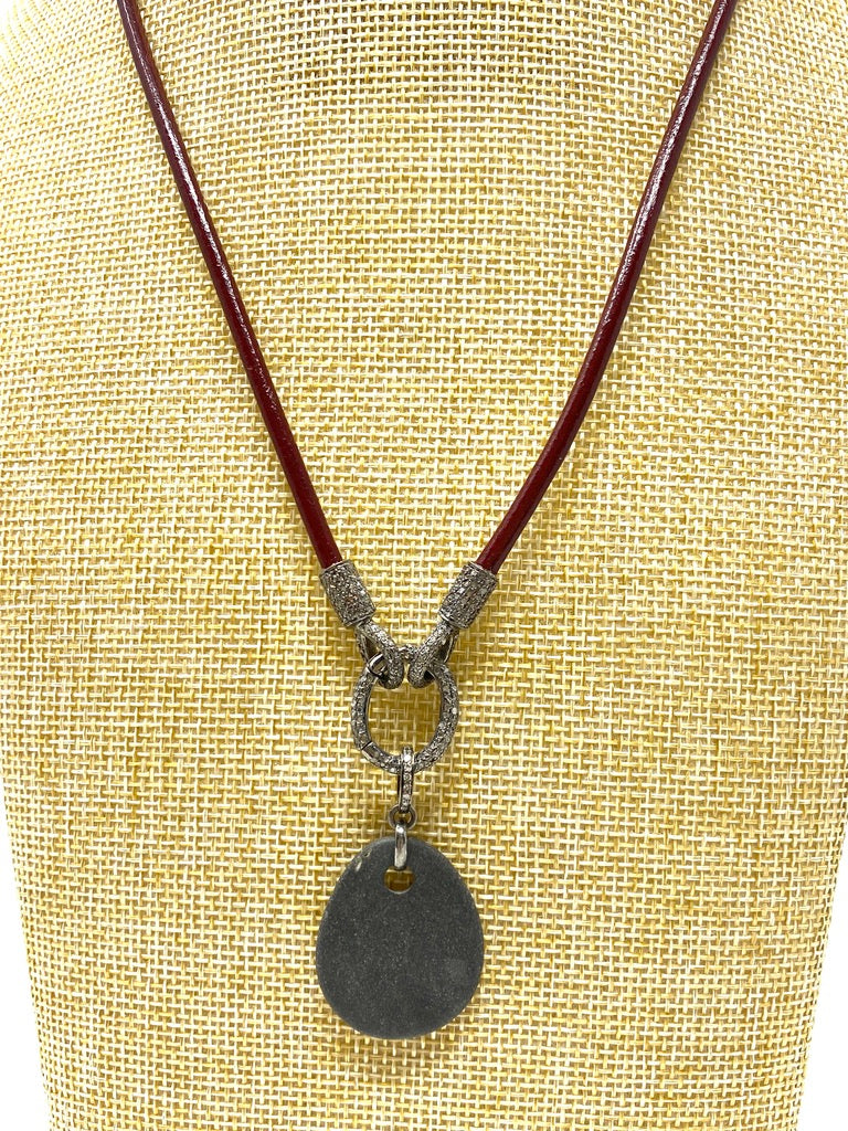 Maroon Leather Cord Necklace With Diamond Links With Diamond Connector