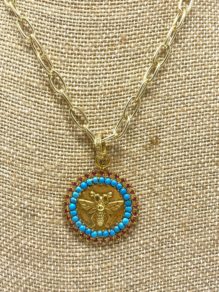 Diamond, Ruby, and Turquoise Bee Medallion on Gold Filled Chain Necklace