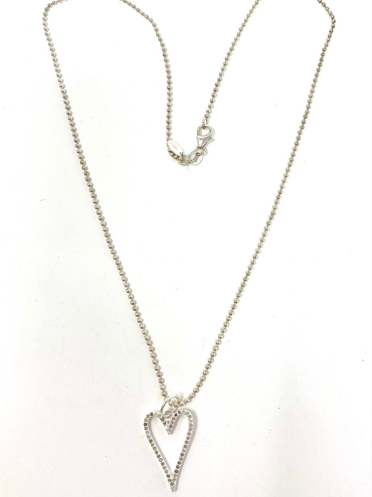 Sterling Silver Ball Chain With Silver and Diamond Open Heart