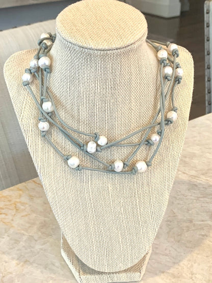 Gray Leather Knotted Wrap Necklace with Freshwater Pearls
