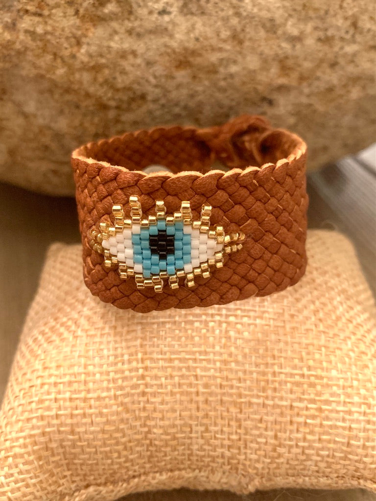 Brown Woven Leather Cuff Bracelet with Seed Bead Evil Eye Connector