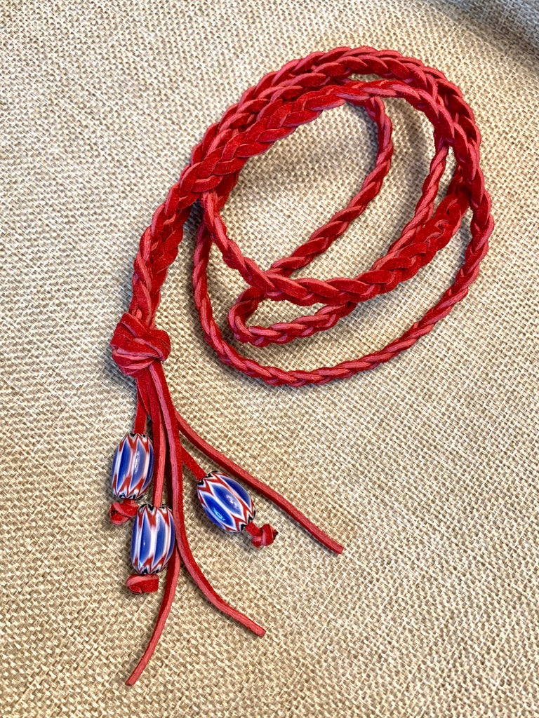 Red Braided Leather Necklace with African Trading Bead Accents
