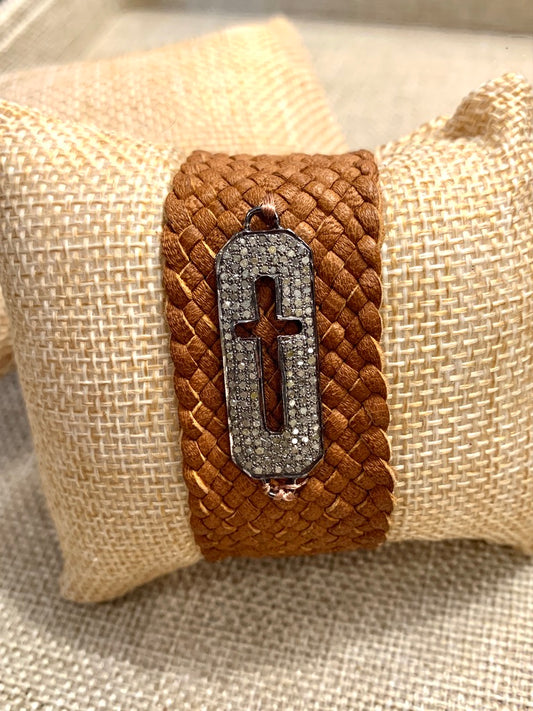 Tan Leather Braided Cuff Bracelet with Pave Diamond Cross Accent