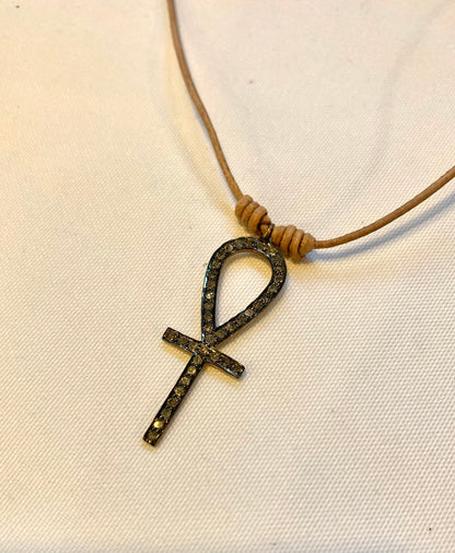 Tan Leather Cord with Pave Diamond Ankh Pendant