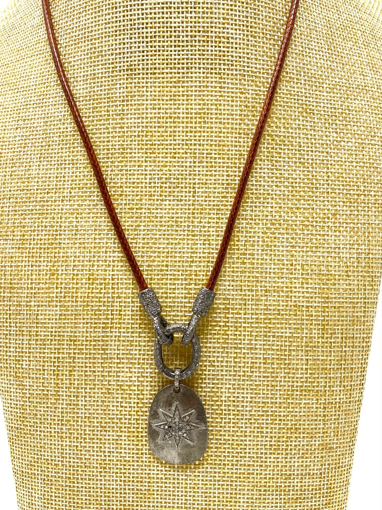 English Tan Leather Cord Necklace With Diamond Connector and Diamond Star Pendant