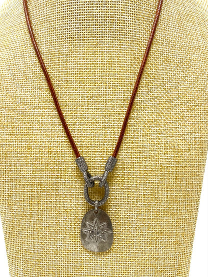 English Tan Leather Cord Necklace With Diamond Connector and Diamond Star Pendant