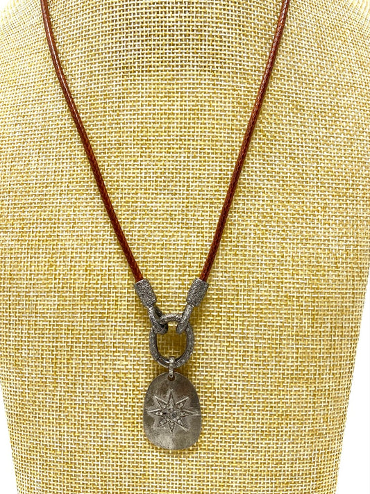 English Tan Leather Cord Necklace With Diamond Connector and Diamond Star Pendant