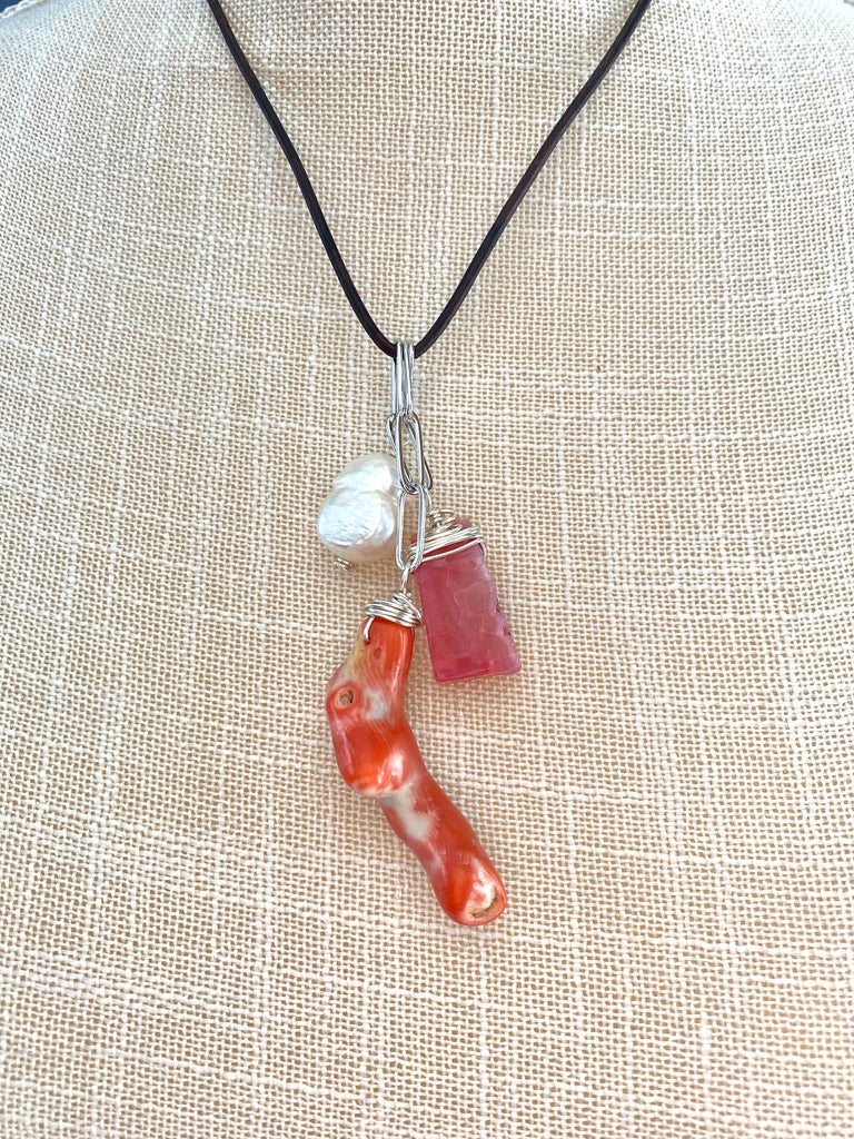 Dark Brown Leather Necklace with Baroque Freshwater Pearl, Orange Coral and Pink Agate Pendants