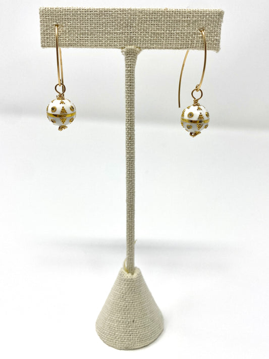 White Enamel and Diamond Bead Drops on Gold Filled Hook Earring Wire