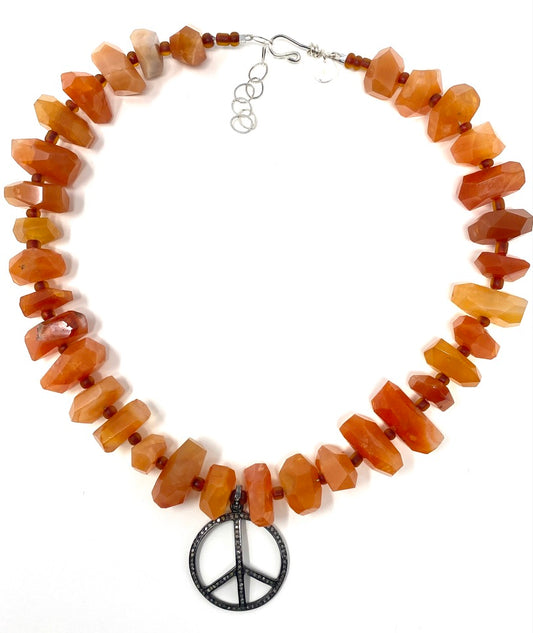 Chunky Carnelian Necklace With Diamond Peace Sign Pendant