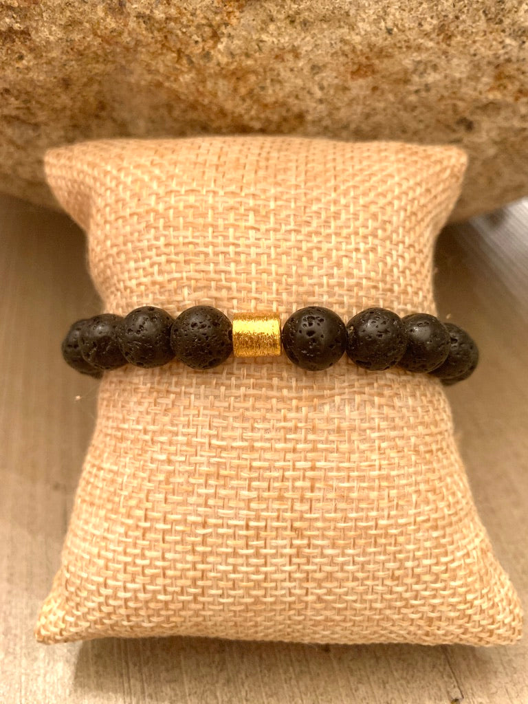 Black Lava Beaded Bracelet with Brushed Gold Tube Accent