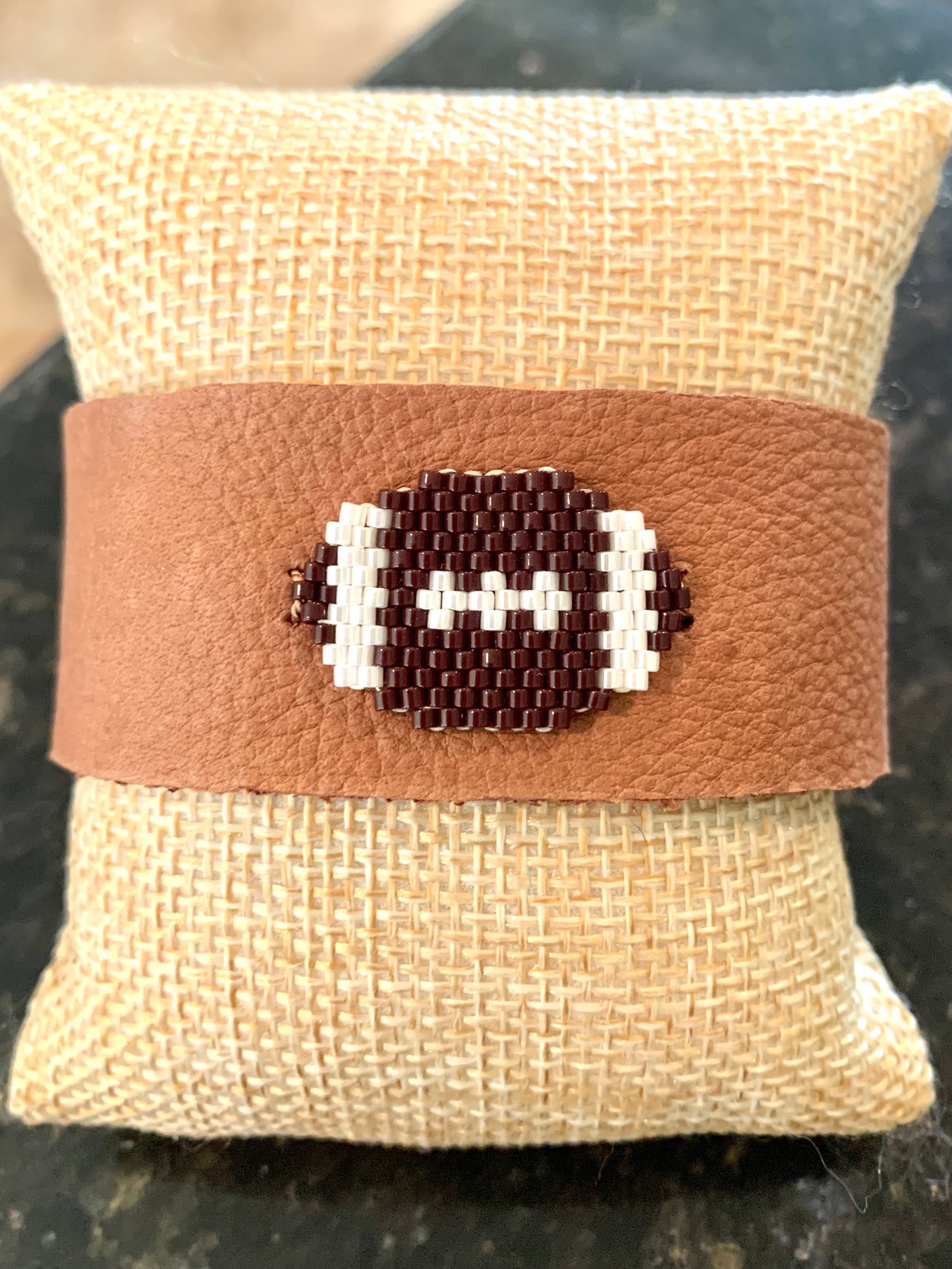 Brown Leather Bracelet with Seed Bead Football Accent