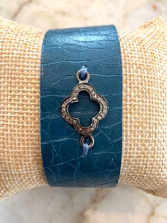 Blue Leather Cuff Bracelet with Pave Diamond Clover Accent