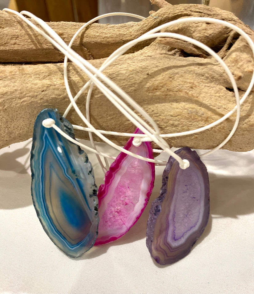 White Cord Necklace with Turquoise, Pink or Purple Sliced Agate Pendant